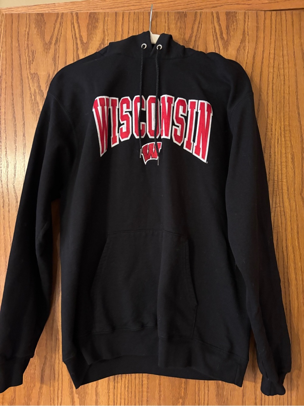Wisconsin Arch Logo Black Champion Brand Hooded Sweatshirt
